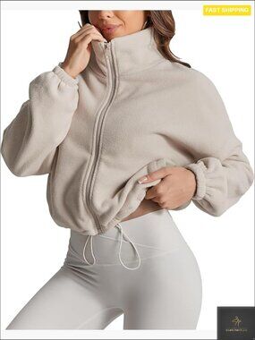 Cropped Sherpa Jacket Full Zip Cozy Fleece Coat with Stand Collar & Side Pockets